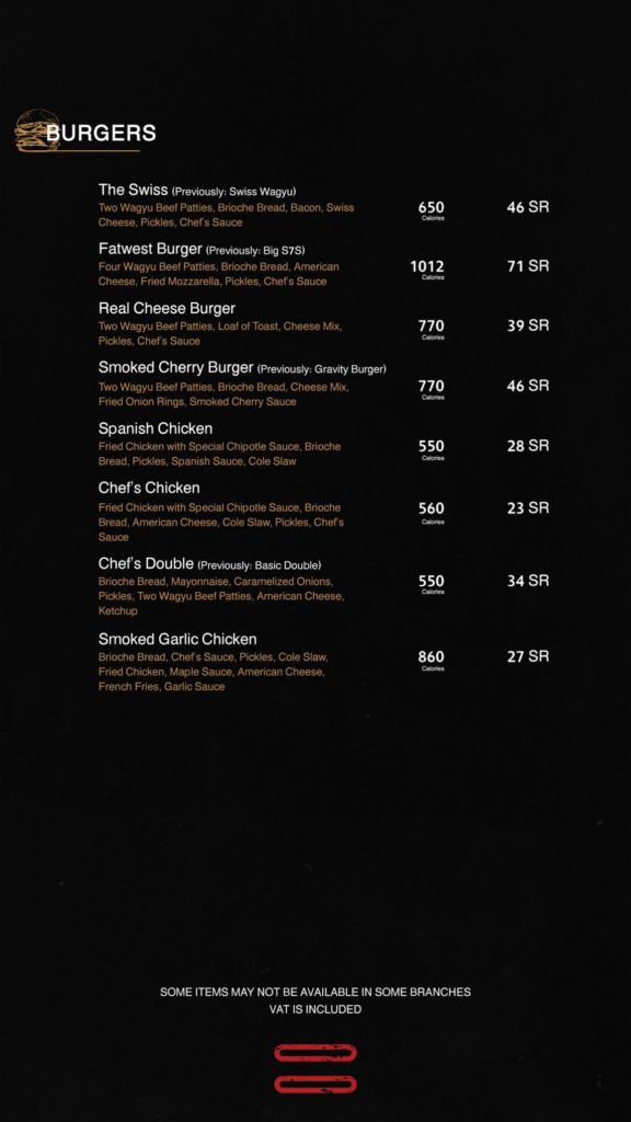 Chef's Burger menu
